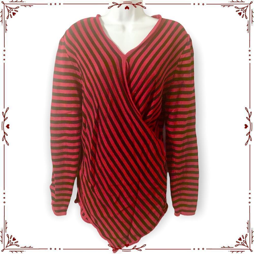 Rendition Women's XL Red and Black Striped Faux Wrap Sweater